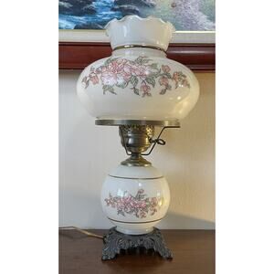 Vintage Decorative White With Pink Flowers Floral 3 Way 18" Hurricane Table Lamp